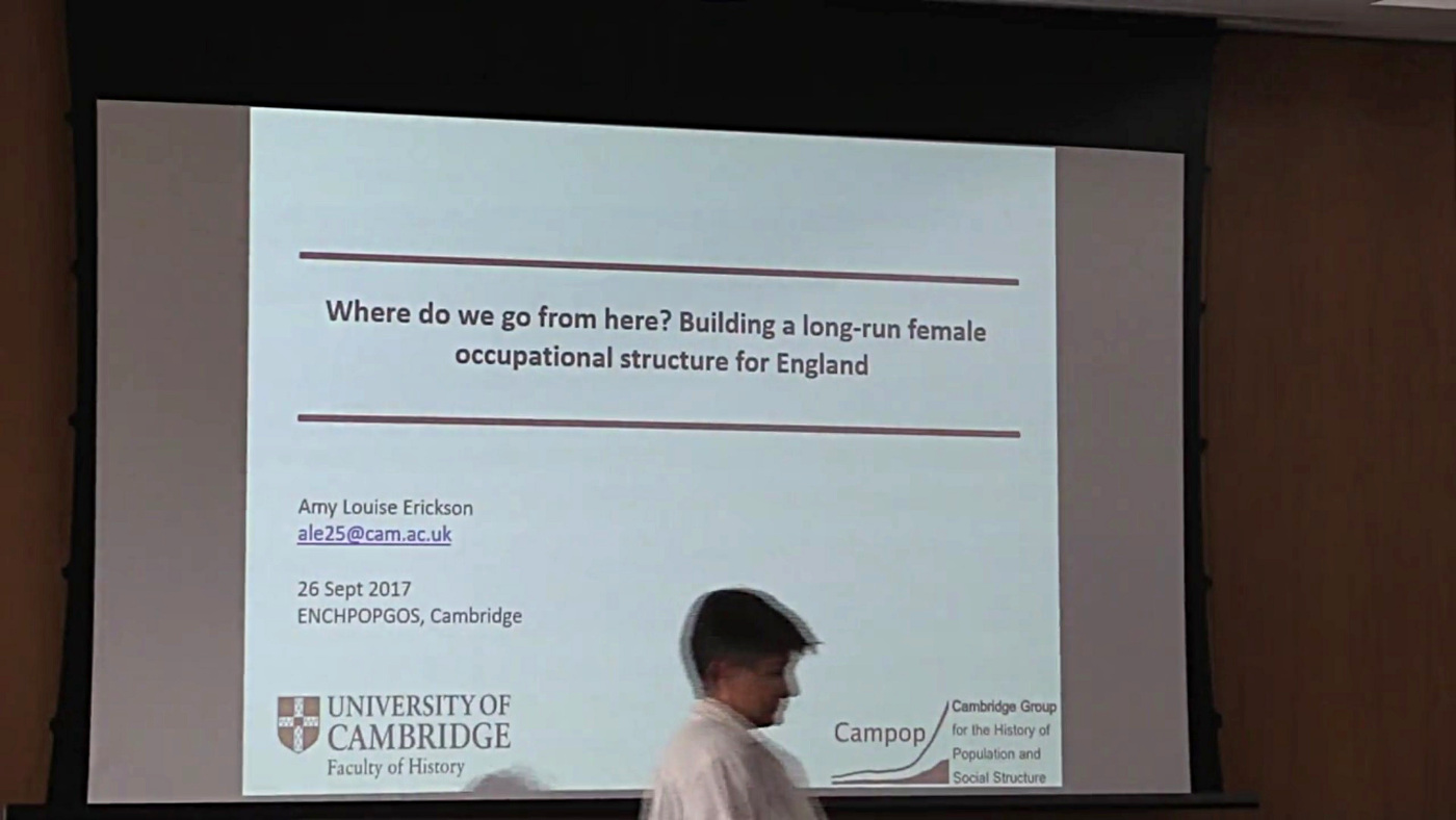 ENCHPOPGOS Conference 2017.  Amy Erickson.  Where we go from here: building a long-run female occupational structure for England?'s image